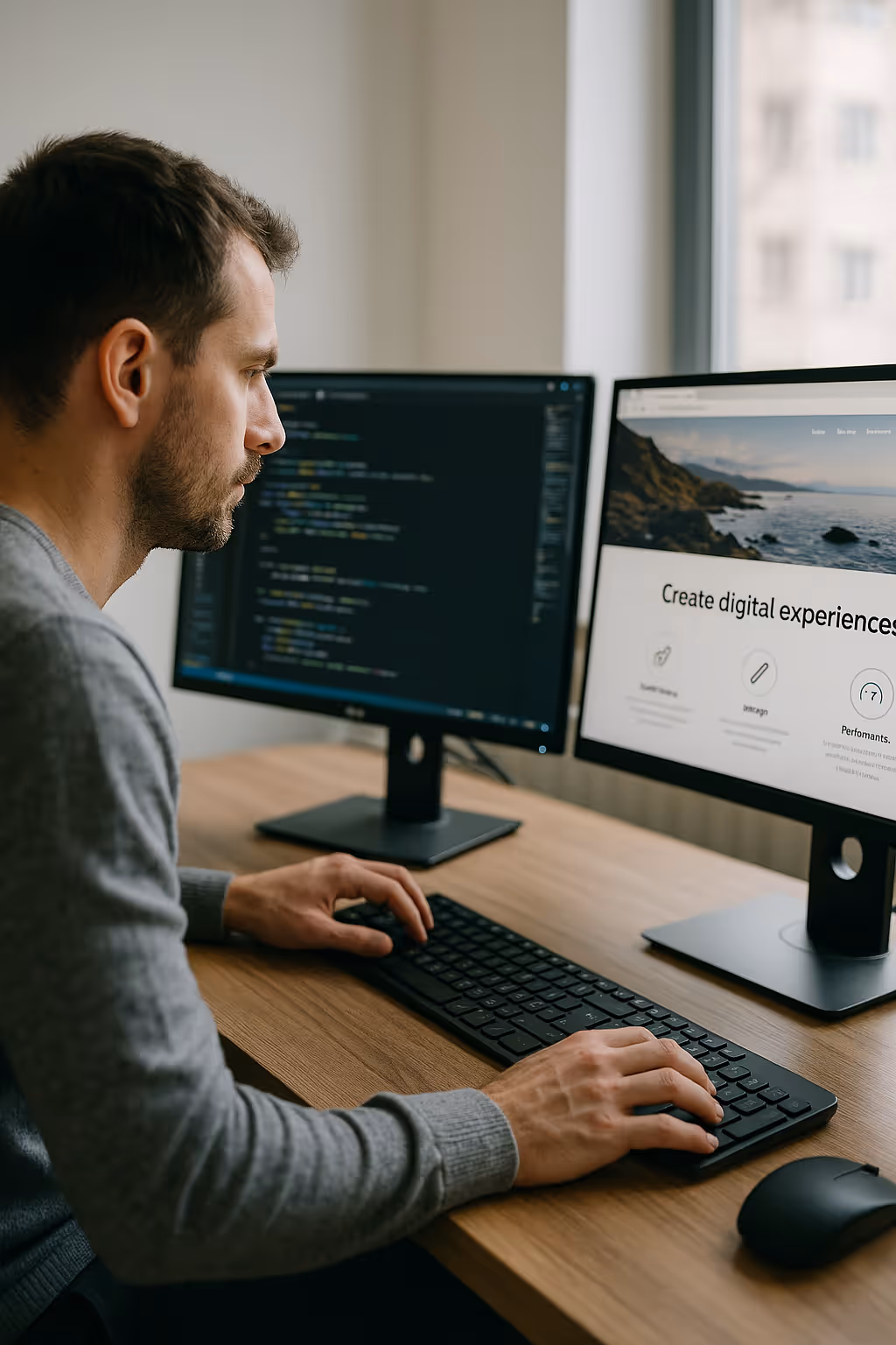 Developer working with screens displaying a web design